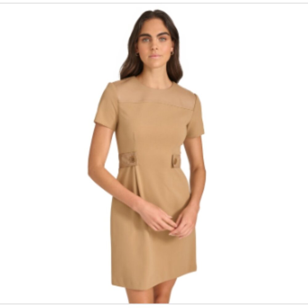 Calvin Klein Women's Faux-Leather-Trim a-Line Dress - Tiger Eye